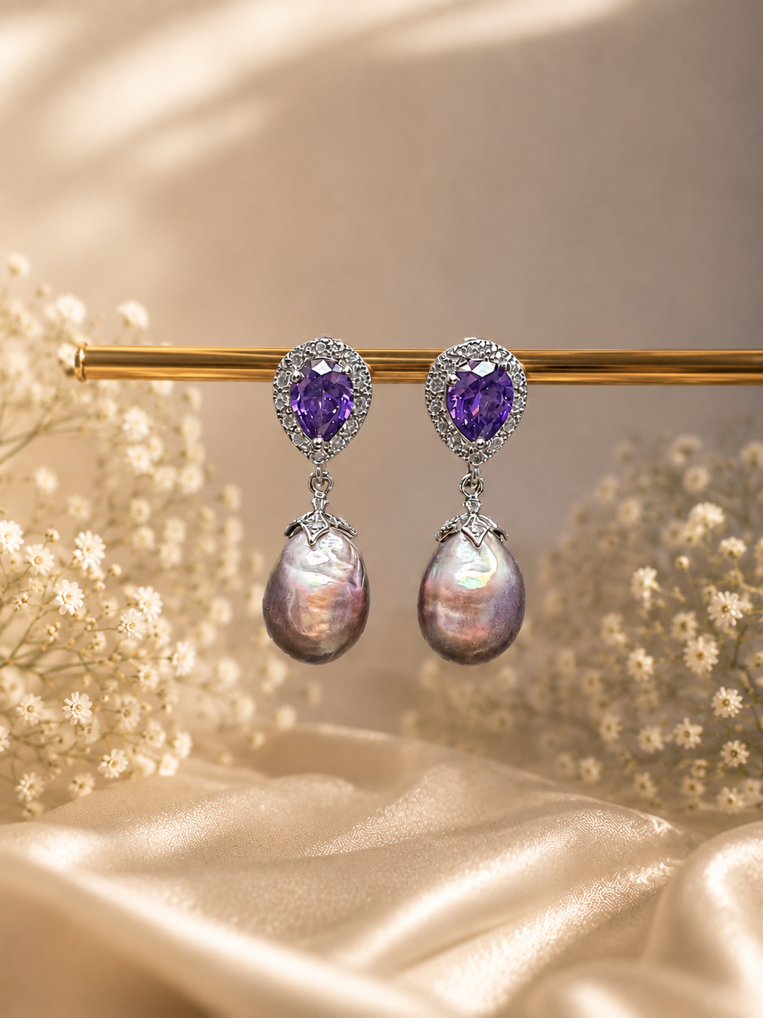 Freshwater Pearl and Amethyst Crytal Stud