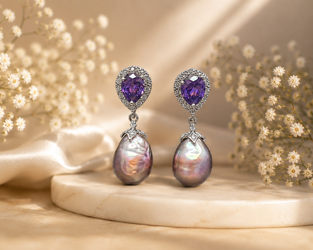 Freshwater Pearl and Amethyst Crytal Stud