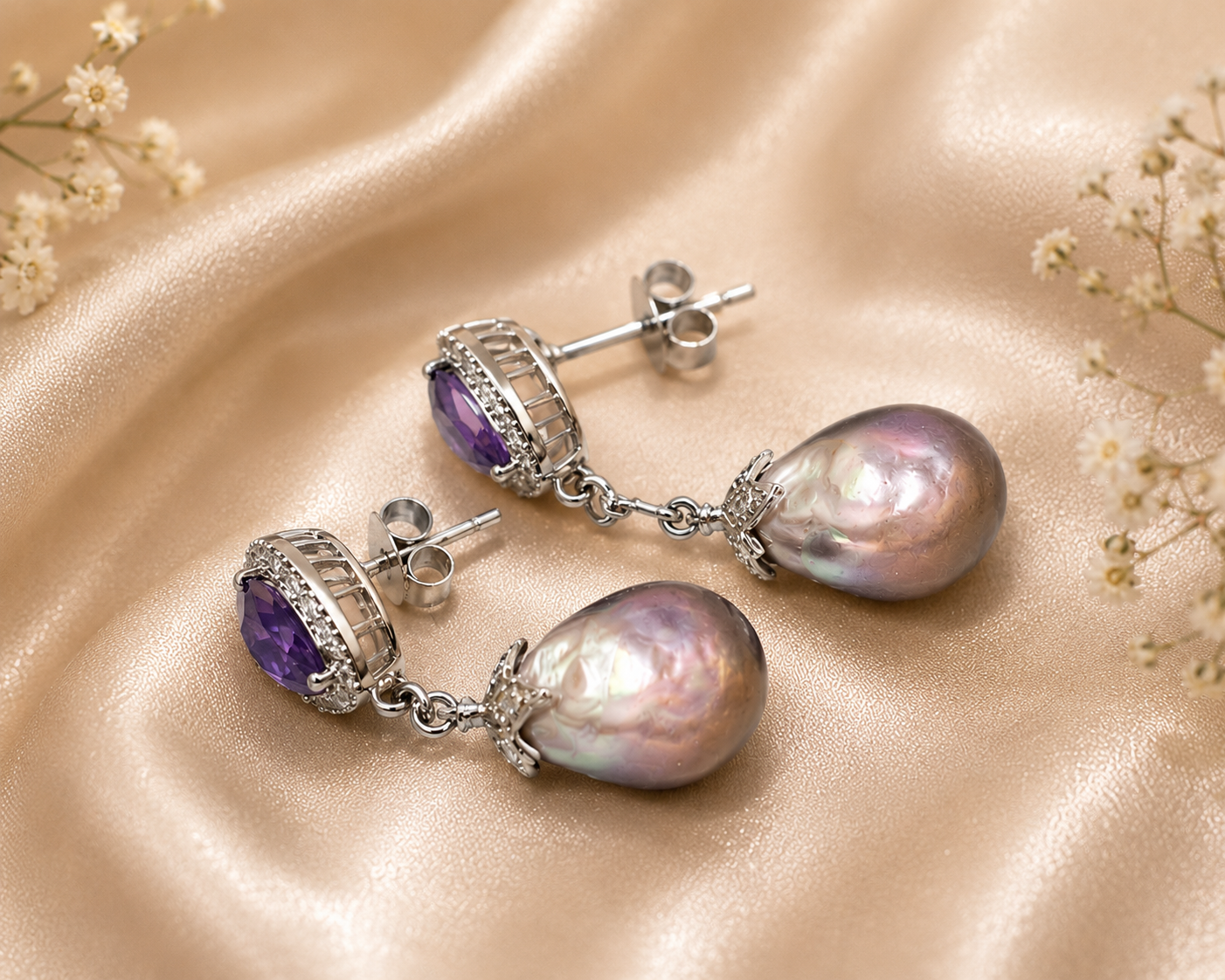 Freshwater Pearl and Amethyst Crytal Stud