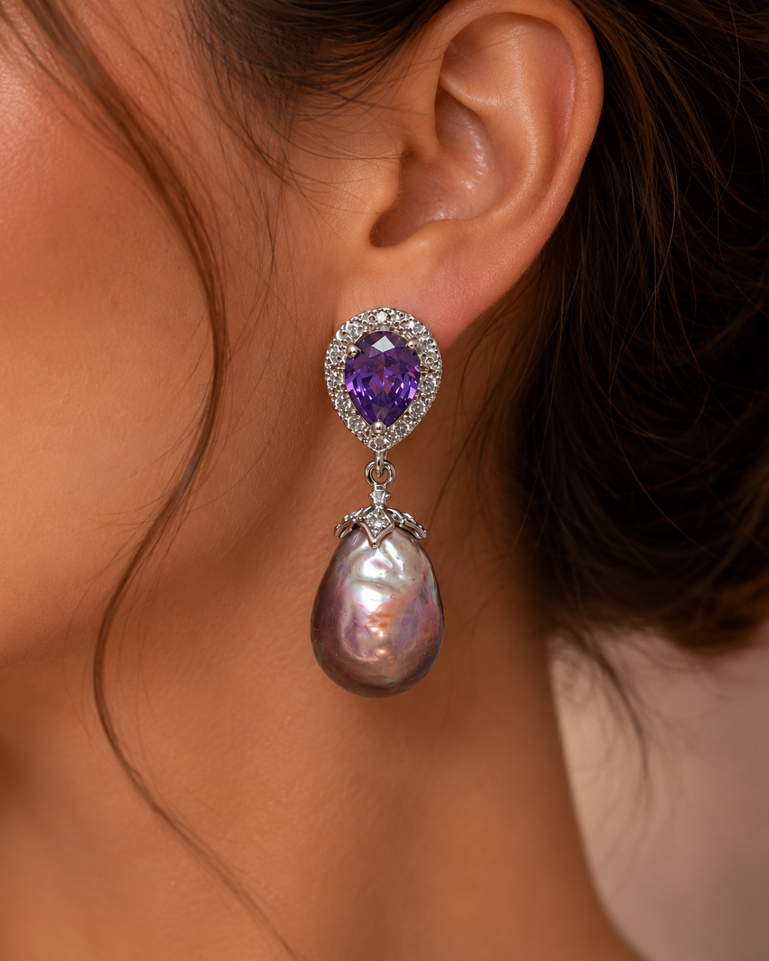 Freshwater Pearl and Amethyst Crytal Stud